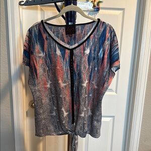 French Blue and Red Graphic Tie Front Blouse. Size PXL